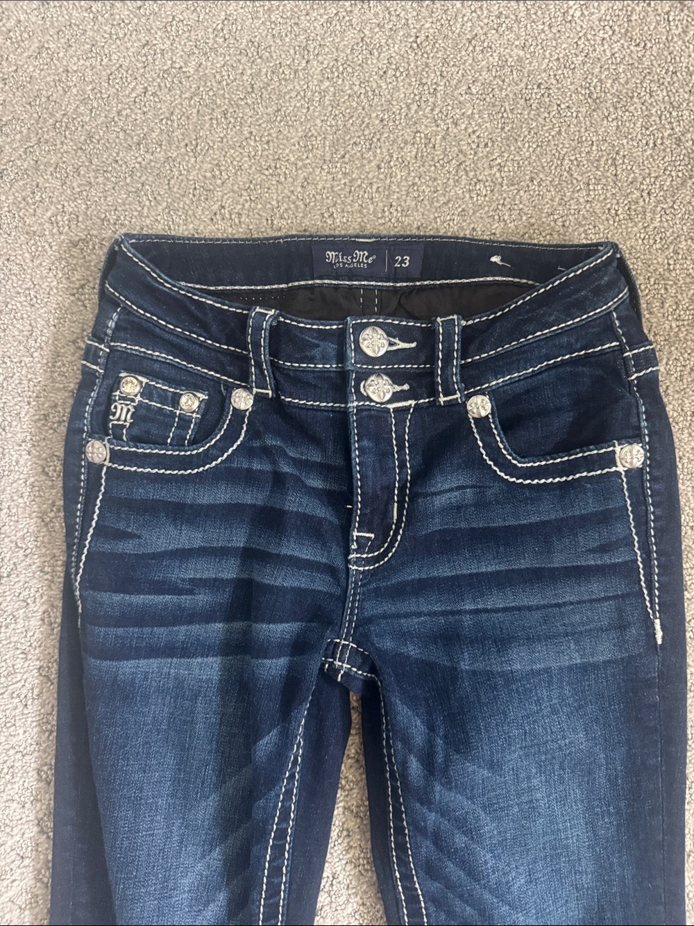 Miss Me Dark Blue Flare Jeans with Contrast Stitching - Picture 2 of 7